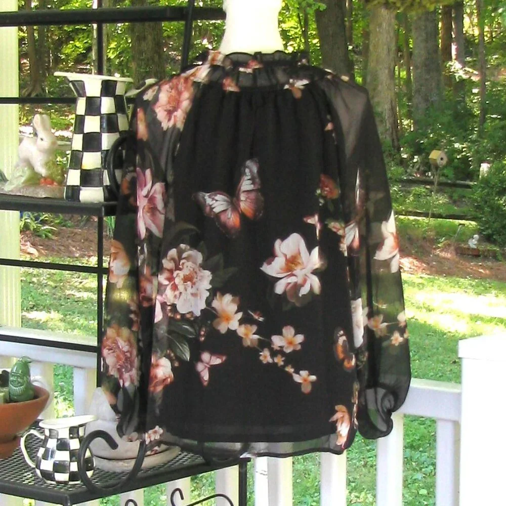 Joie black floral butterfly top shirt blouse Large polyester soft luxury style - Picture 8 of 8